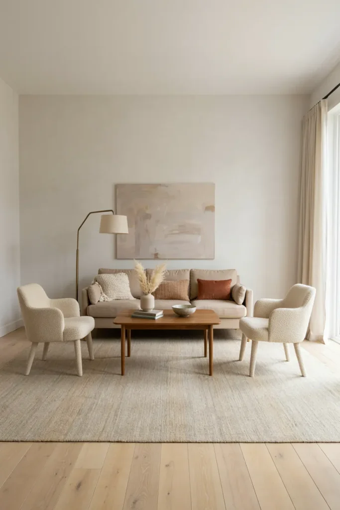 Living room with properly sized area rug placed beneath the front legs of seating