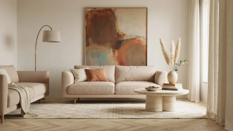 Living room wall decor with large abstract artwork, sofa, and neutral furnishings