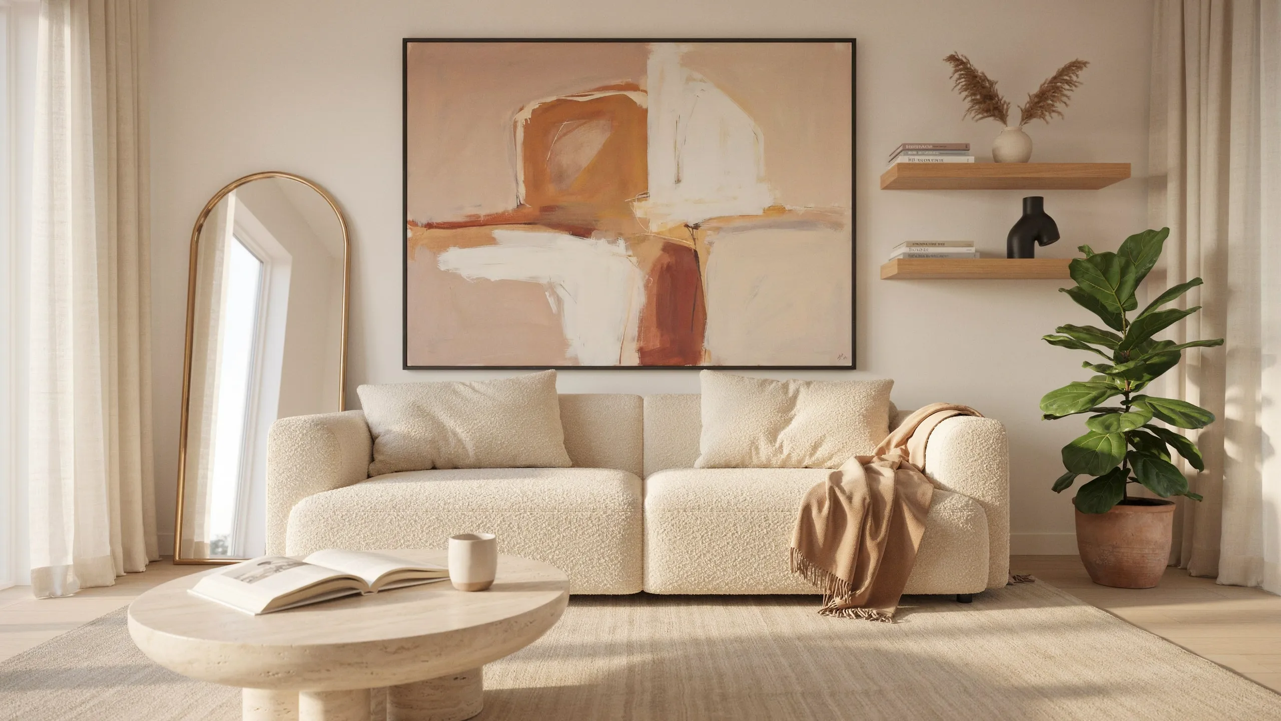 Living room wall decor ideas with framed art, plants, and decorative accents