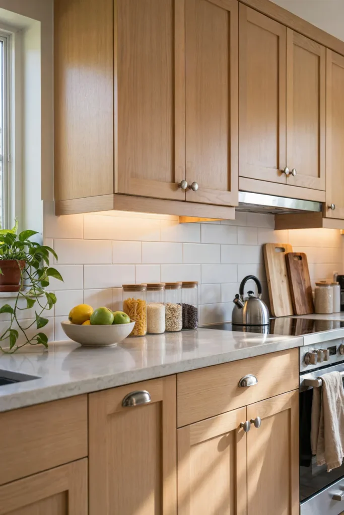 Organized kitchen with neatly arranged countertops, storage containers, and coordinated decor