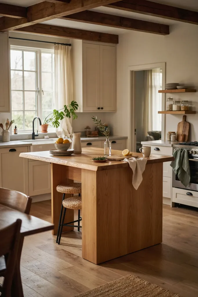 Cozy modern farmhouse kitchen decoration ideas with white cabinets, wood island, and black hardware