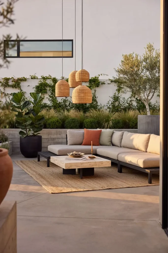 Modular outdoor furniture arranged as a comfortable backyard seating area