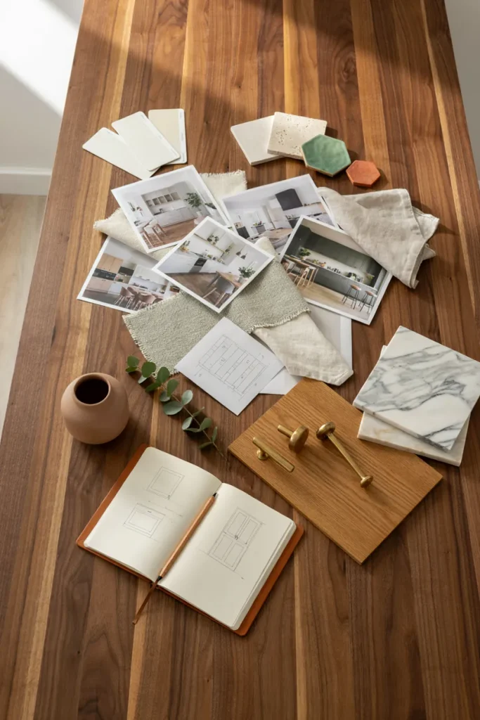 Kitchen decor mood board with paint, wood, brass, fabric, and tile samples