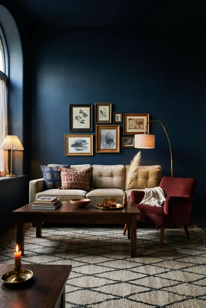 Moody maximalist living room with deep navy walls, gallery art, velvet seating, and brass accents