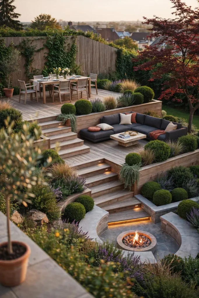 Multi-level deck with outdoor seating and landscaped garden areas