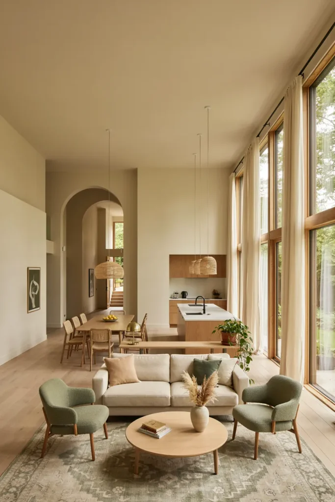Open-concept living room defined by an area rug with connected dining and kitchen zones