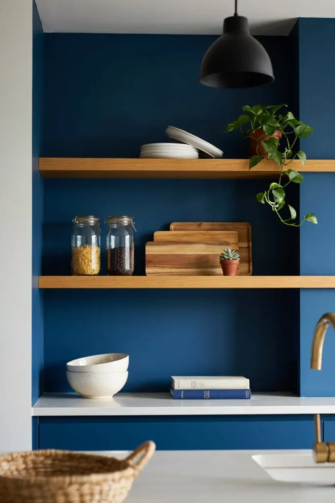 Kitchen with styled open shelves displaying dishes and decor