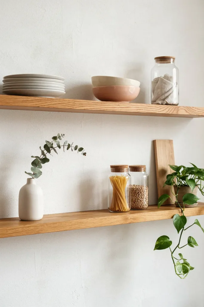 Open kitchen shelves styled with plates, ceramic bowls, glass jars, and trailing plant