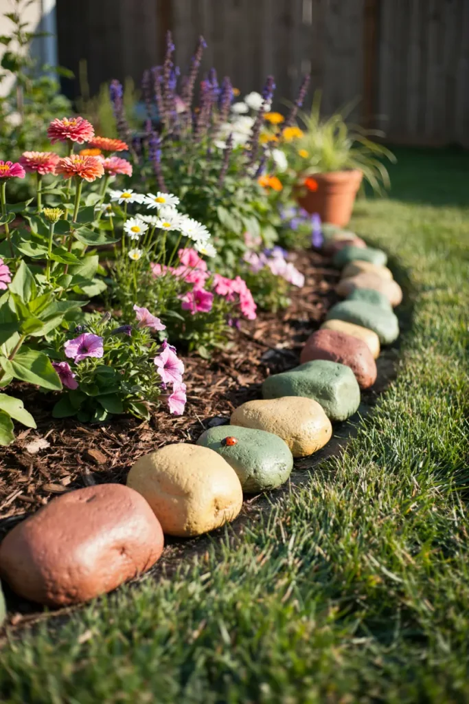 painted rock garden borders with colorful flowers