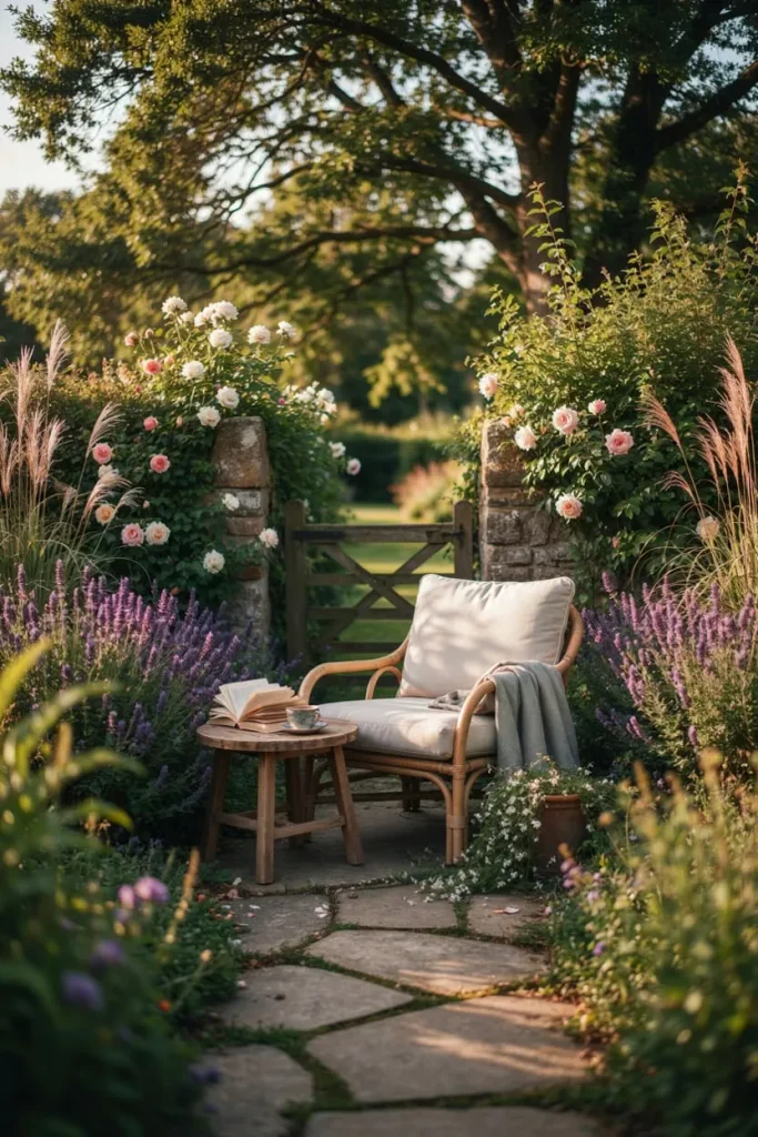 Peaceful garden reading corner with a comfortable chair surrounded by greenery
