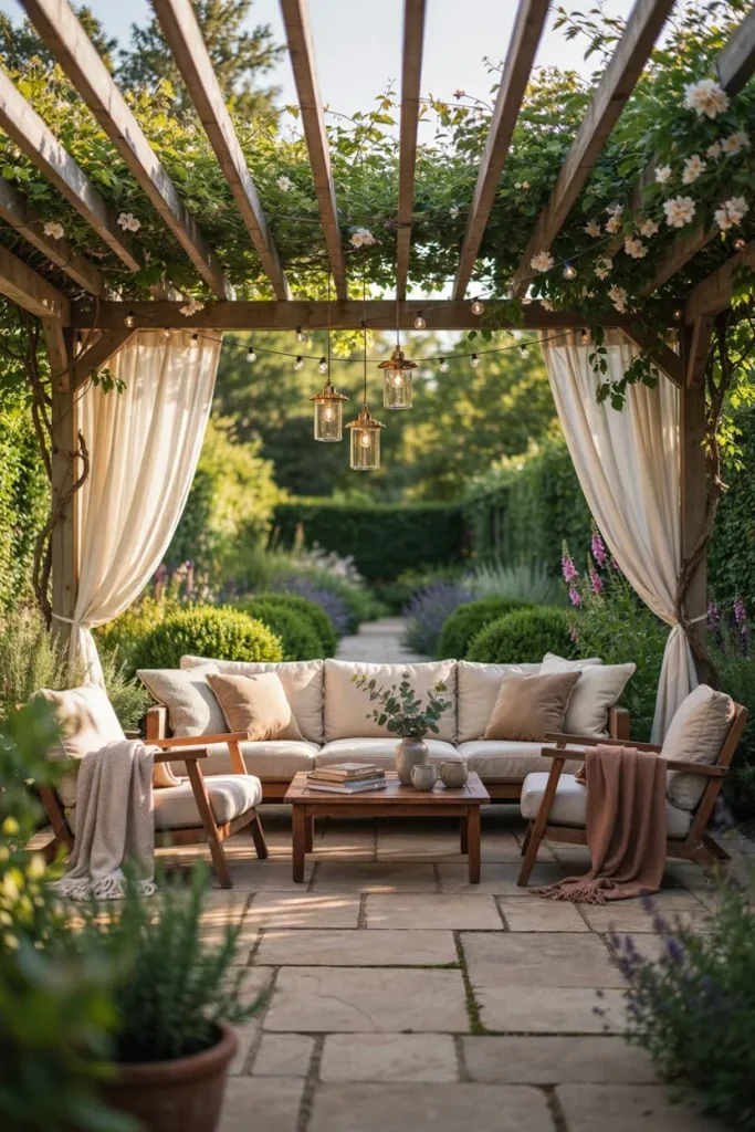 Outdoor living room under a pergola with comfortable seating and greenery