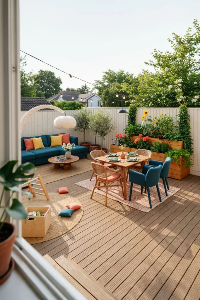 Backyard decorating plan with an outdoor patio, seating area, garden plants, and lawn