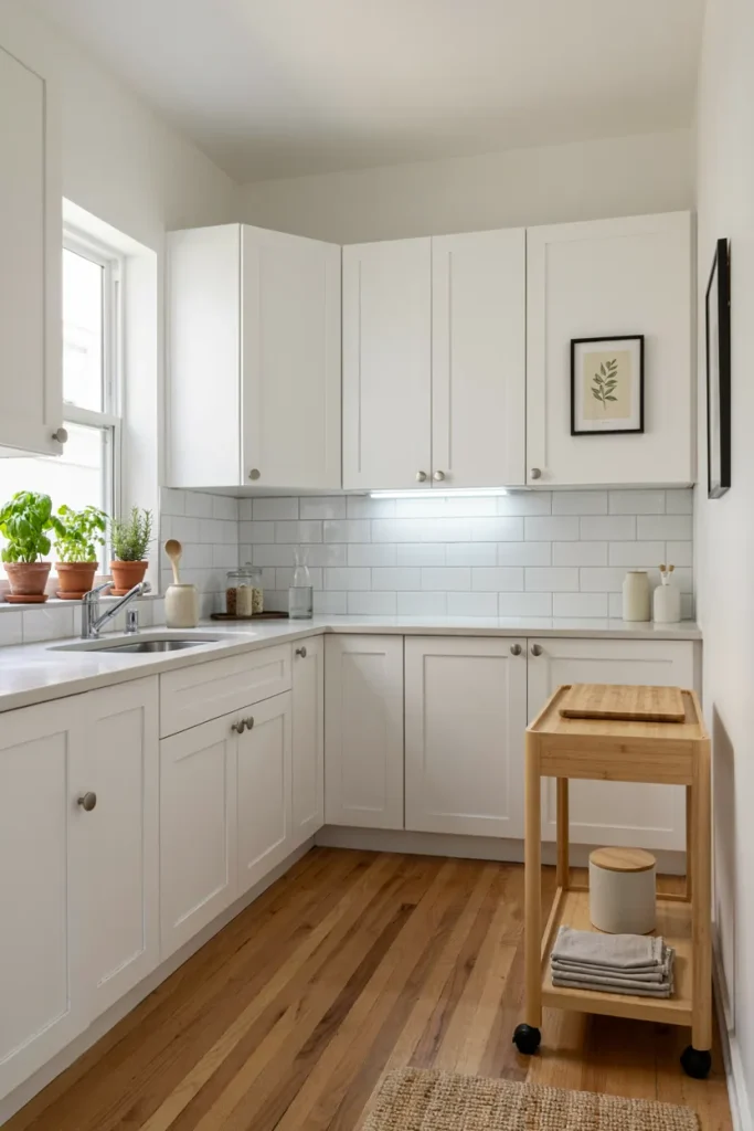 Renter-friendly kitchen with removable backsplash, temporary lighting, and rolling cart