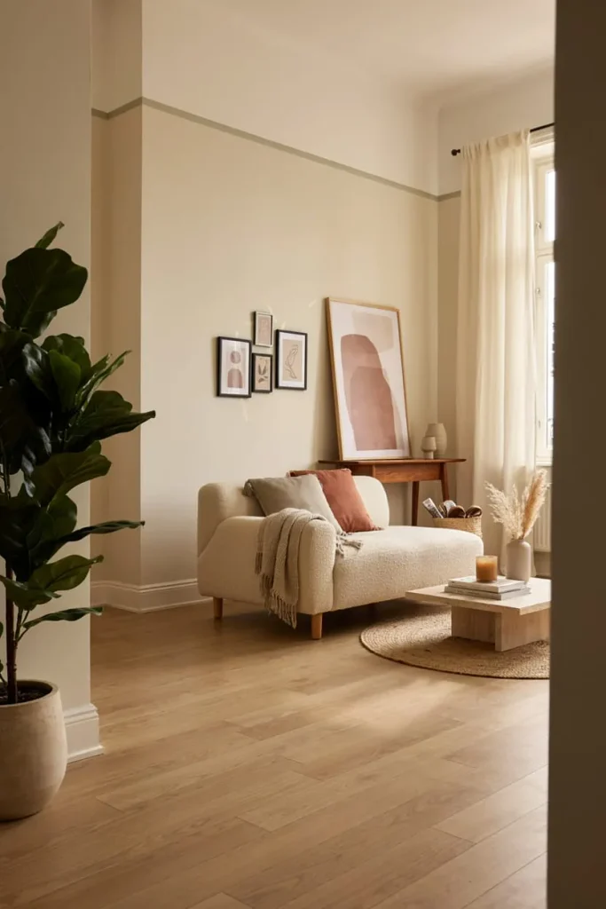 Renter-friendly living room wall decor with framed artwork and indoor plants