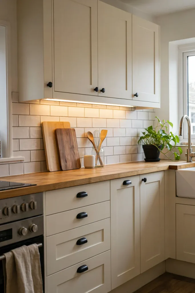 Updated kitchen cabinets with modern decorative handles and pulls