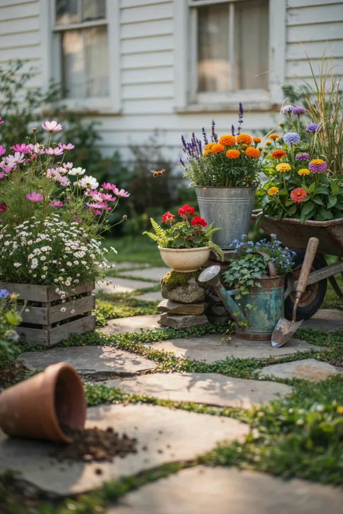 repurposed containers used as creative garden planters