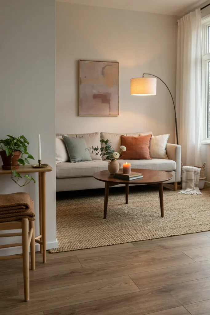 Neutral living room with interchangeable seasonal decor accents stored and styled throughout the year