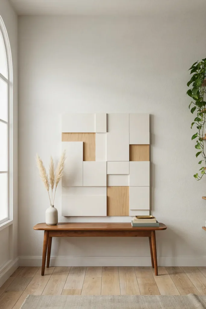 Securely mounted dimensional wall art above a modern console