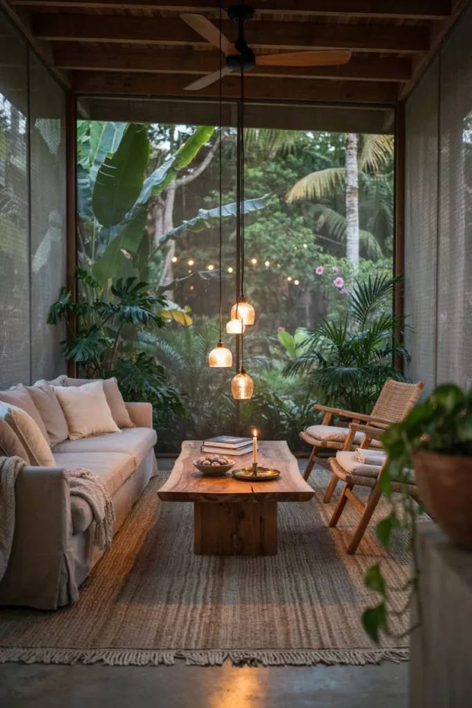 Screened outdoor lounge with comfortable seating surrounded by garden greenery