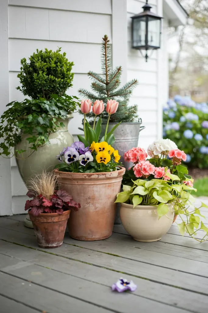seasonal container garden with colorful flowering plants