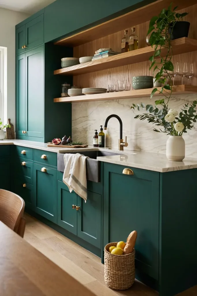 Kitchen with seasonal decor, wood shelves, and greenery