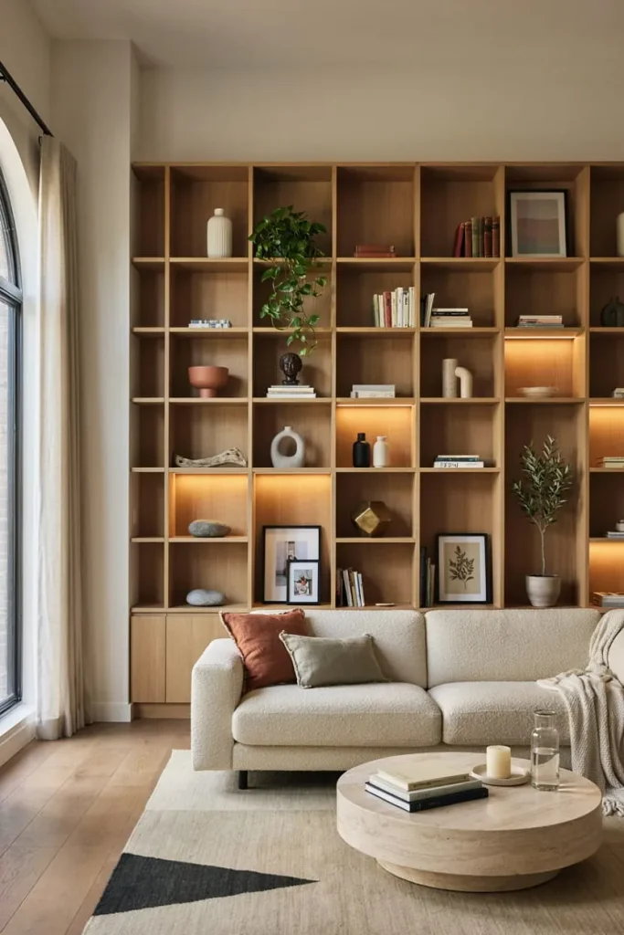 Living room wall with functional shelving and decorative accents
