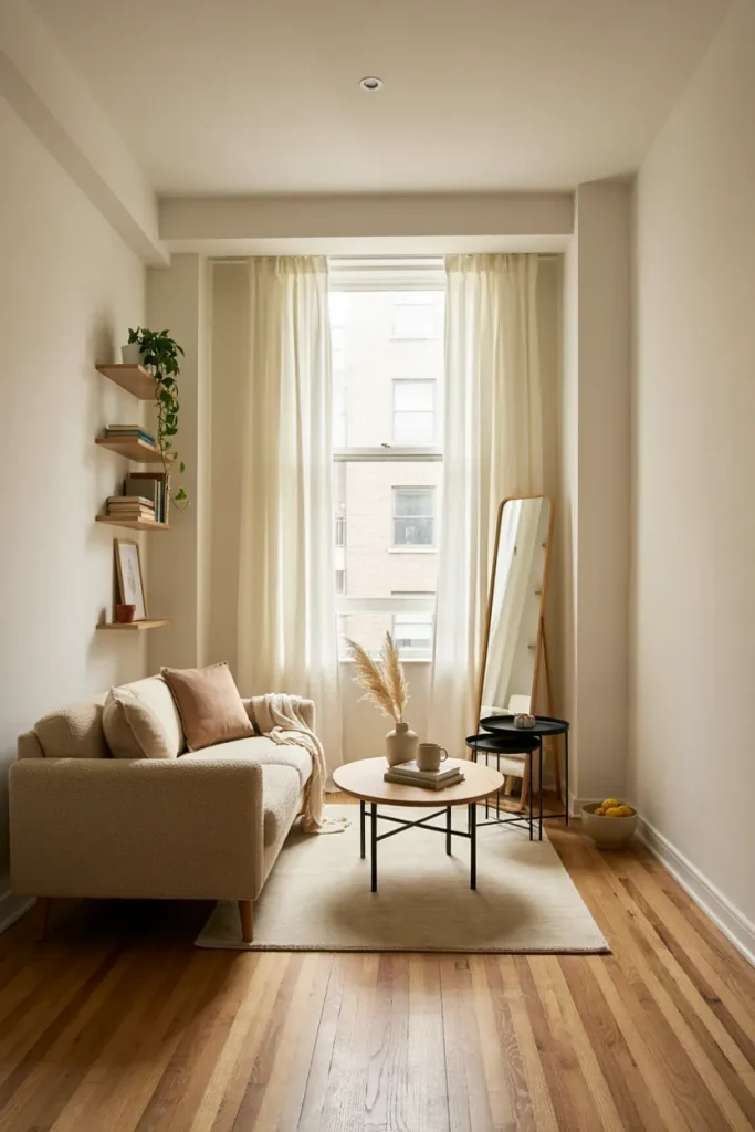 Small living room with visible-leg furniture, large rug, floor mirror, and vertical storage