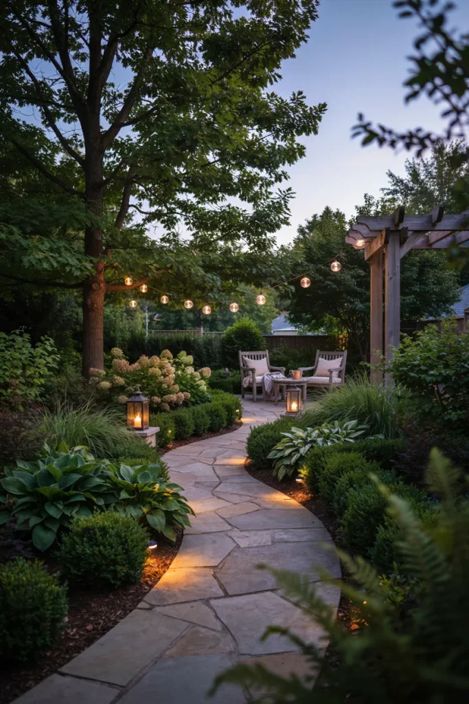 solar lights illuminating a cozy garden at night