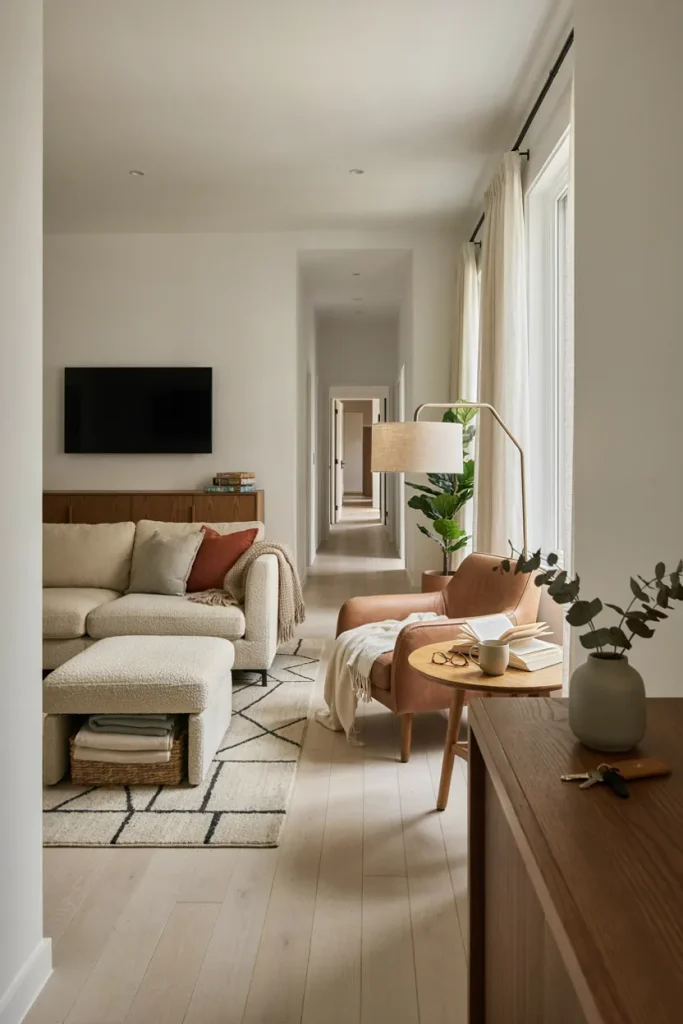 Functional living room with practical seating, reading area, hidden storage, and clear walking space