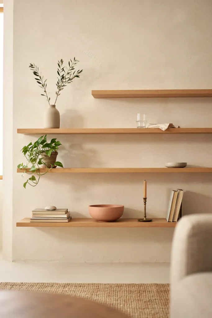 Thoughtfully styled open shelves with books, decorative objects, plants, and framed artwork