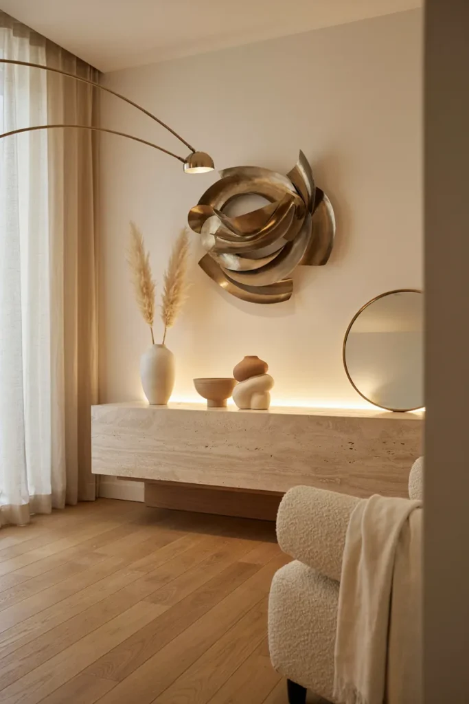 Styled 3D wall art with a mirror and decorative accents in a modern living room