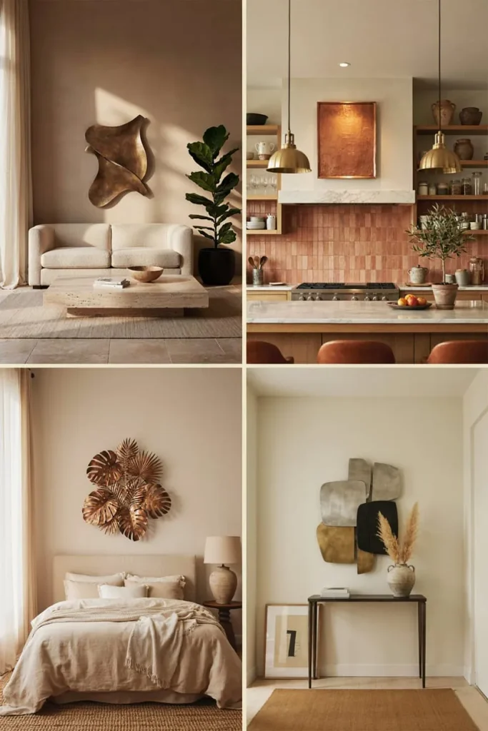 Collage of four rooms, each styled with a different metal wall art piece