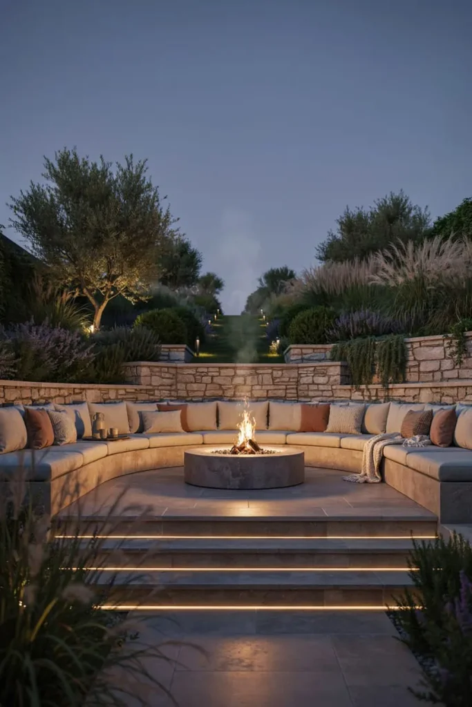 Sunken outdoor conversation area with built-in seating around a central fire pit