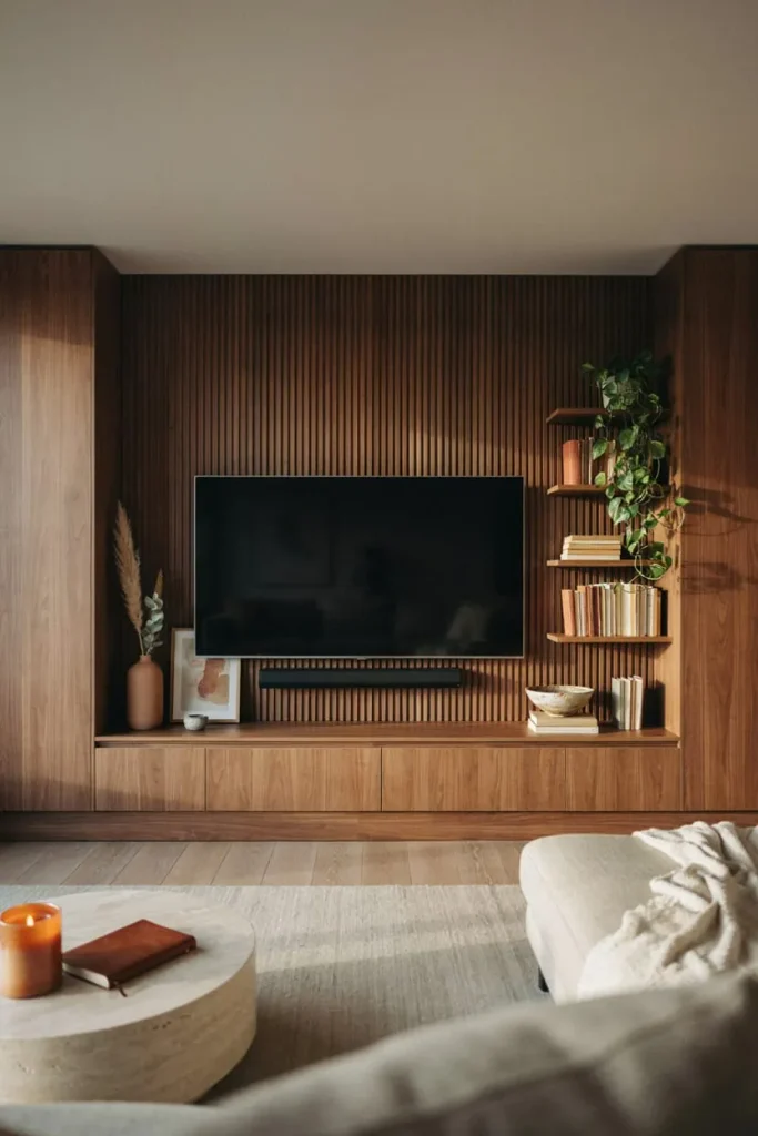 Modern living room TV wall with wood paneling and decorative shelving