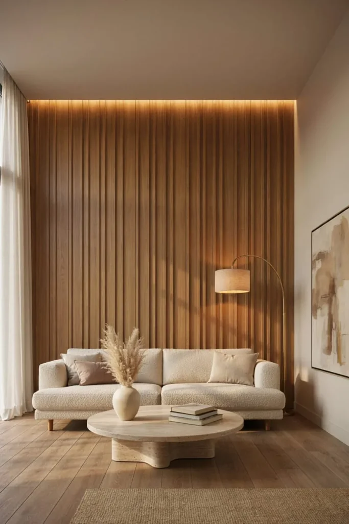 Textured architectural wall adding depth to a modern living room