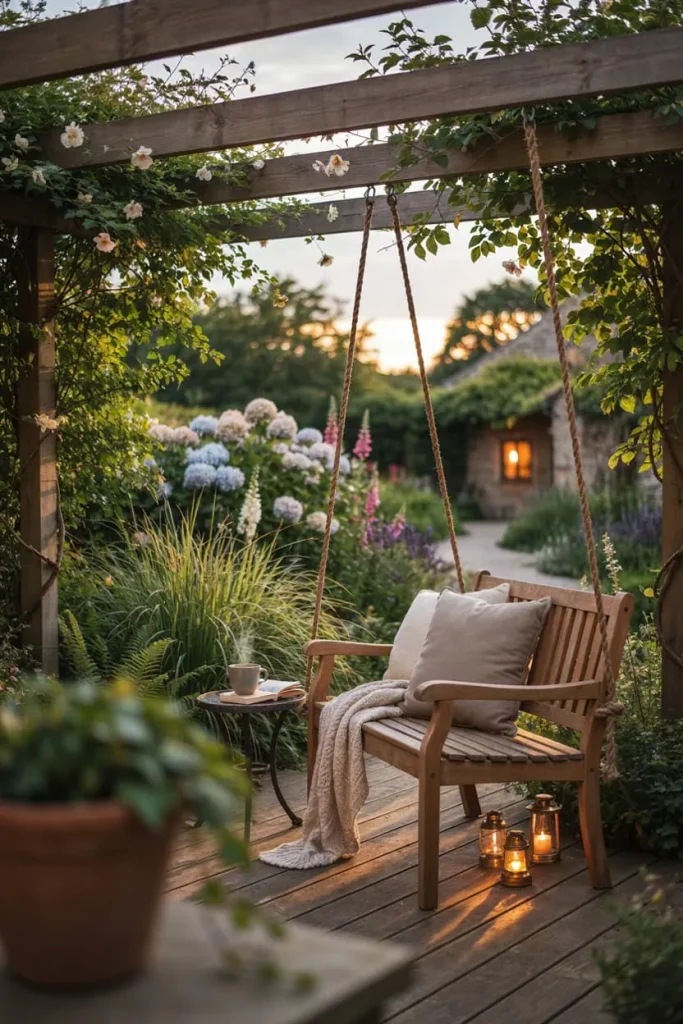 Outdoor swing bench surrounded by plants and garden greenery
