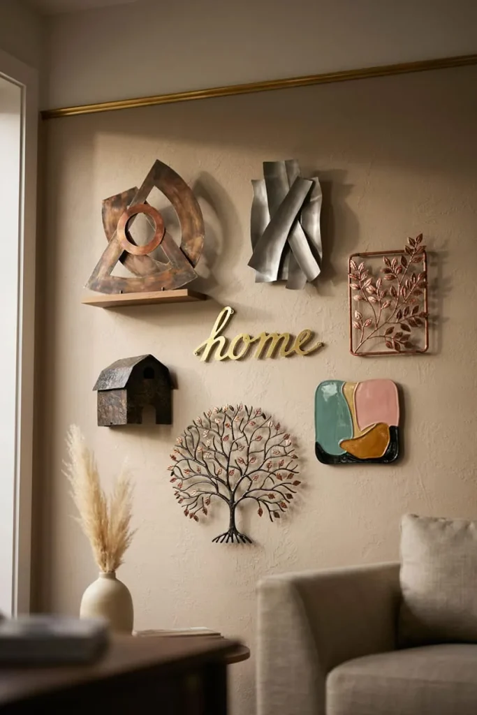 Gallery-style arrangement of metal wall art in different shapes and finishes above a wooden console