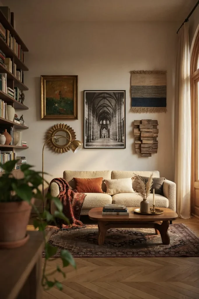 Living room featuring different types of wall art including framed prints and decorative pieces