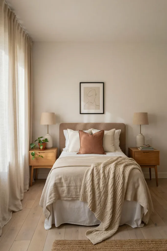 Cozy bedroom with layered neutral bedding, decorative pillows, and a textured throw