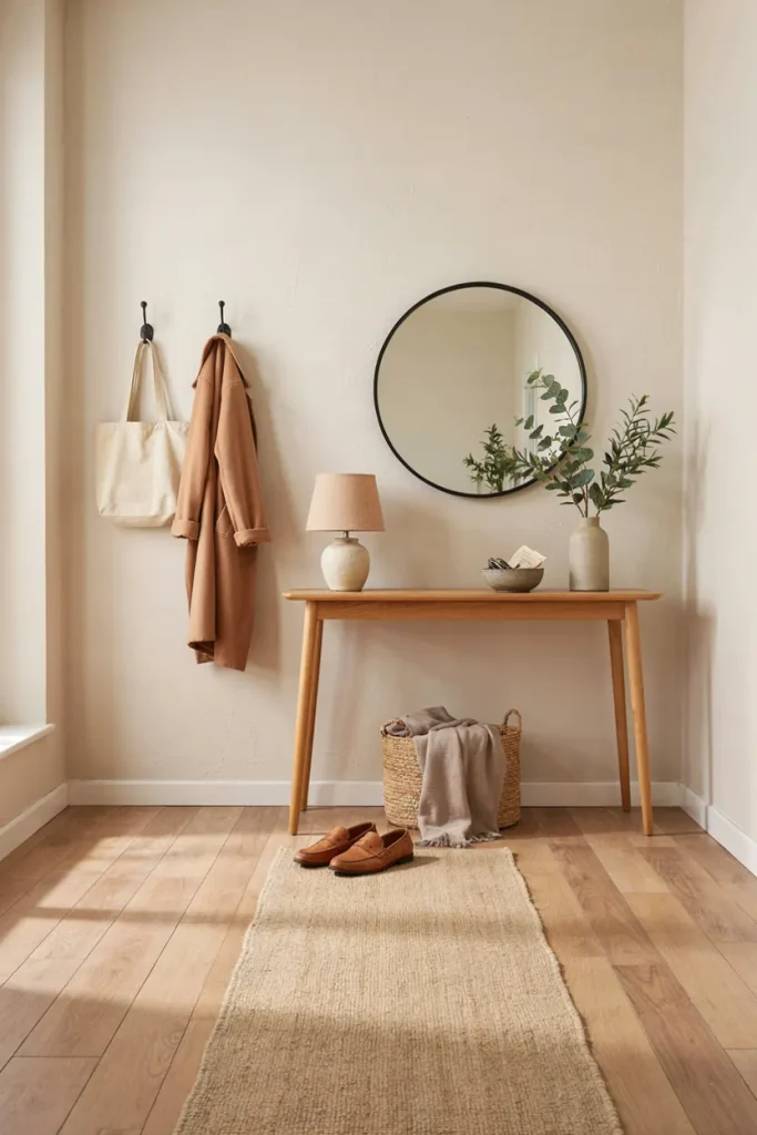 Welcoming entryway with a stylish console table, mirror, basket, and simple decorative accents