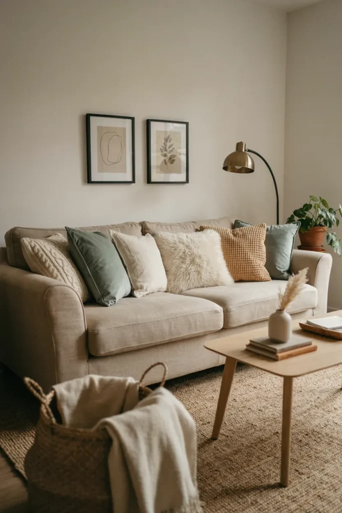 Neutral sofa styled with decorative throw pillows in different textures and patterns