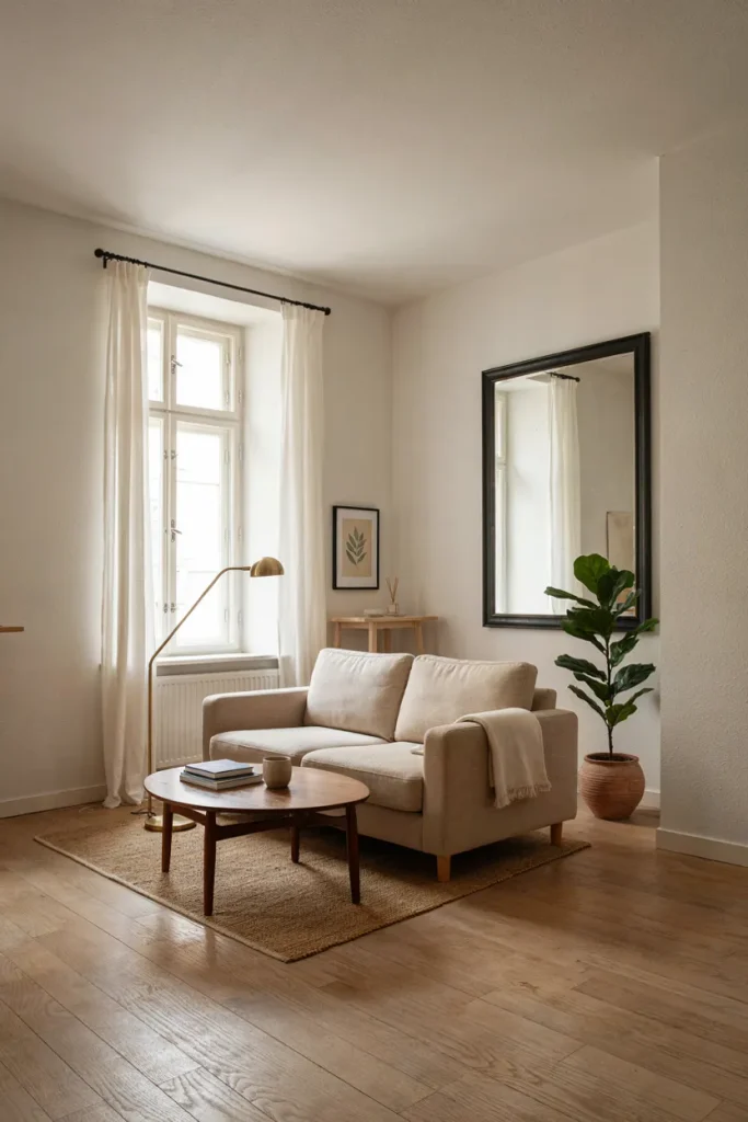 Large decorative mirror reflecting natural light in a bright modern living room