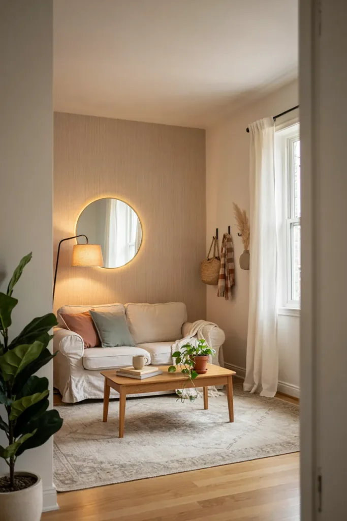 Renter-friendly apartment decorated with removable wall art, lightweight shelves, and temporary decor