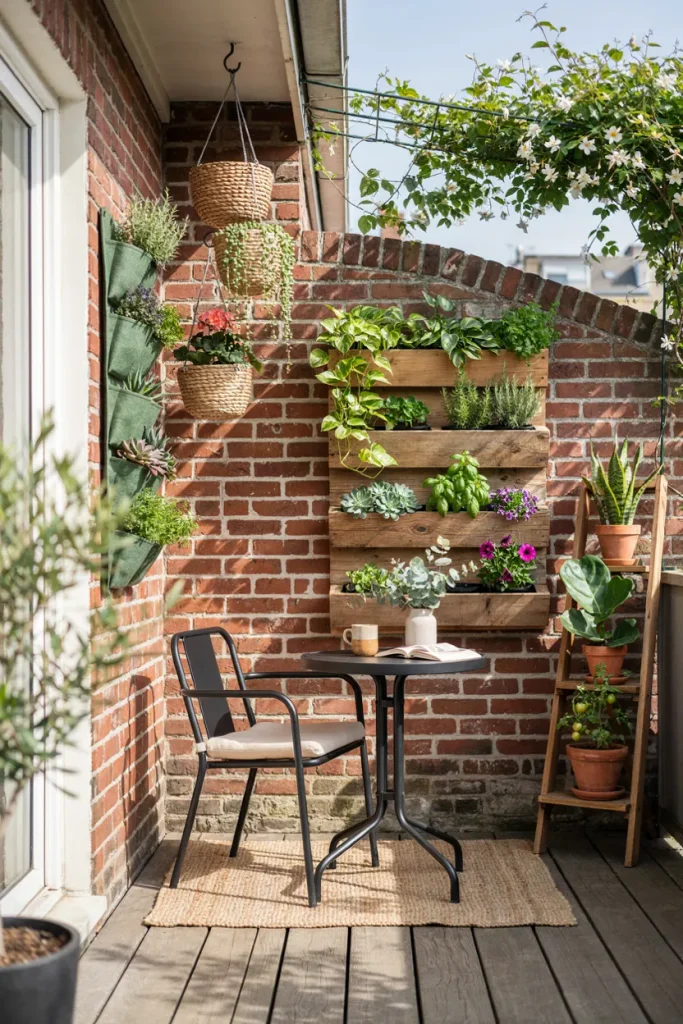 vertical garden with hanging planters in a small outdoor space