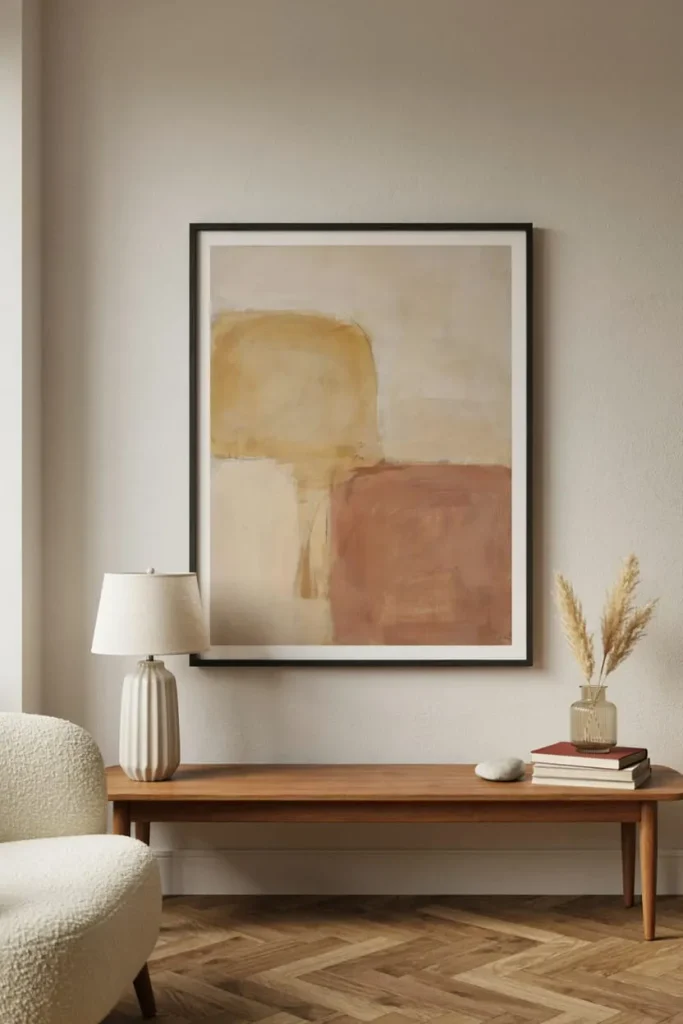 Proper wall art placement above a living room sofa with balanced spacing