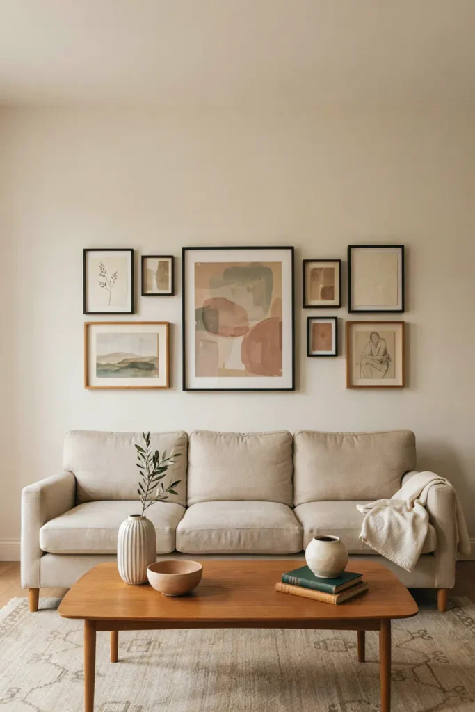Curated living room gallery wall with balanced artwork, consistent spacing, and mixed frames