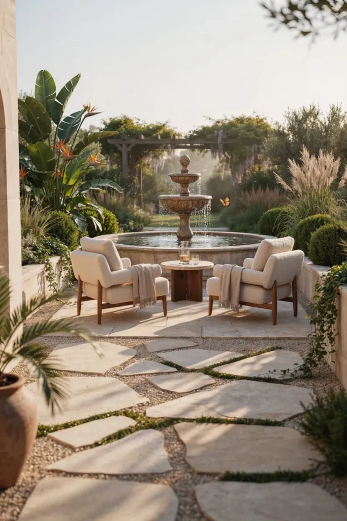 Outdoor seating area beside a garden water feature with comfortable chairs