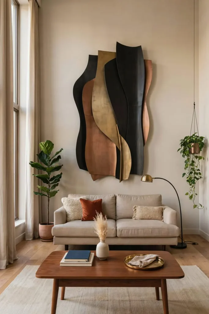 Dark, organic-shaped metal wall sculpture hung above a sideboard with a plant and decor