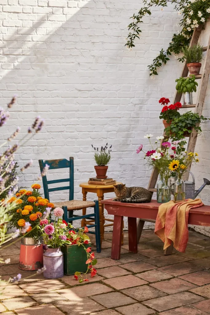 Affordable backyard decor with outdoor furniture, potted plants, and simple garden accessories