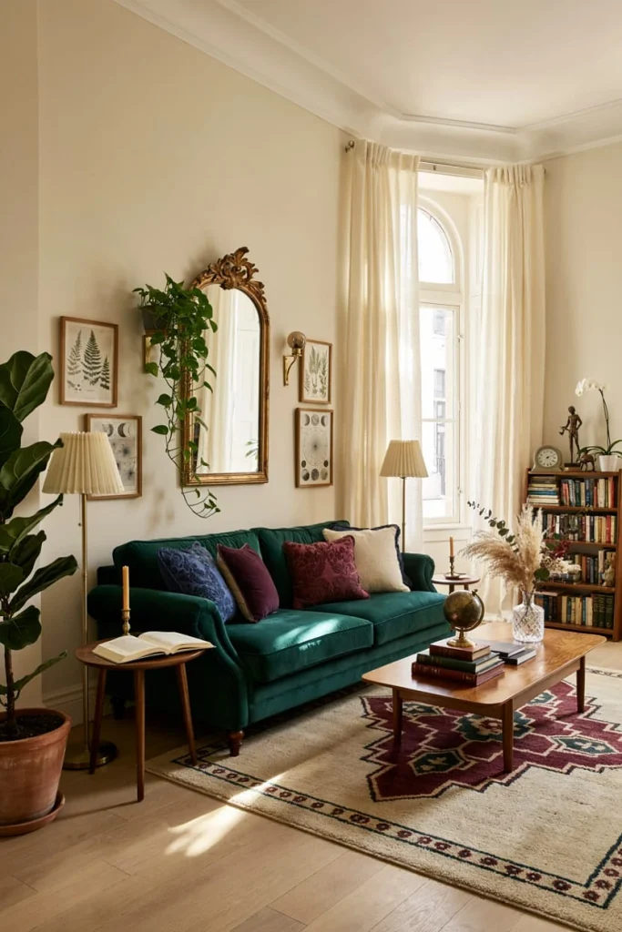 Whimsigoth interior design with dark colors, vintage furniture, mystical decor, and rich layered textures
